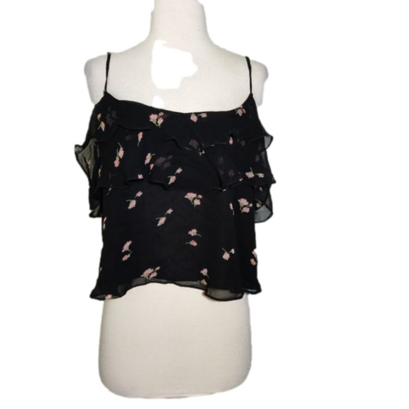 ZARA TRAFALUC black floral chiffon off shoulder top S - Picture 2 of 6